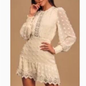 Lulus Cream A-Line Dress Long Sleeve Crochet Hem